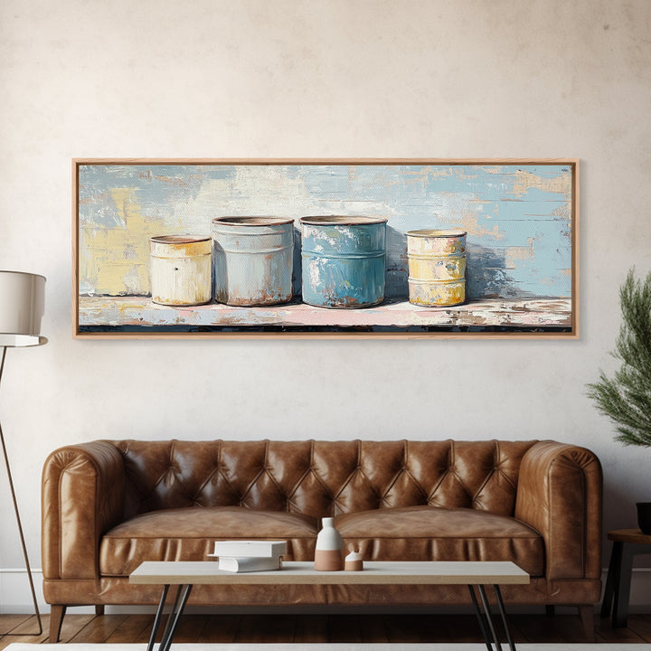 Weathered Paint Cans Still Life Wall Art, Rustic Studio Decor, Industrial Canvas Print, Blue Neutral Workshop Wall Decor Gift