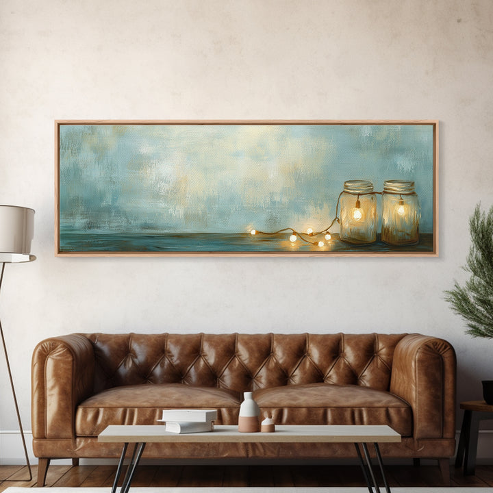 Glowing Mason Jar Lights Canvas Print, Cozy Farmhouse Wall Decor, Rustic Home Decor, Bedroom Art, Housewarming Gift For Her