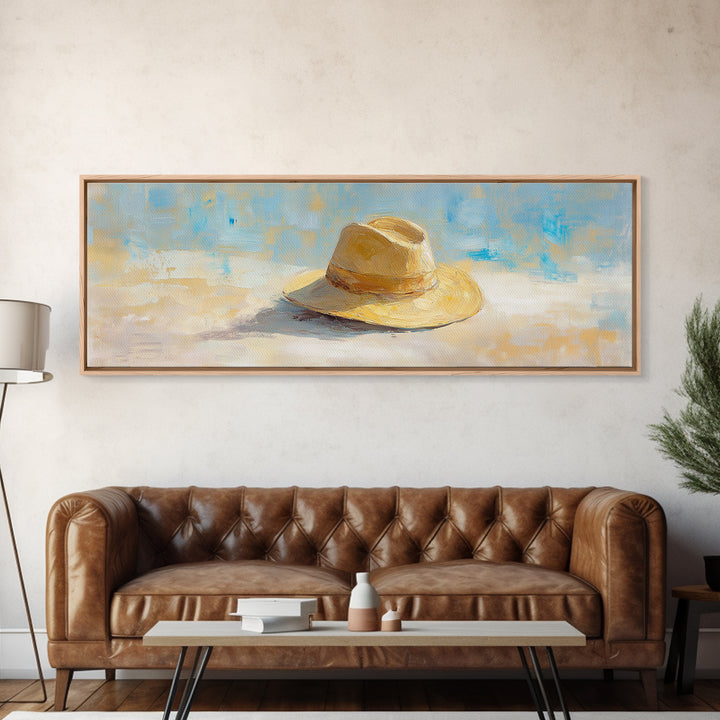 Straw Sun Hat Canvas Print, Coastal Beach Wall Art, Summer Home Decor, Minimalist Seascape, Vacation Housewarming Gift Idea