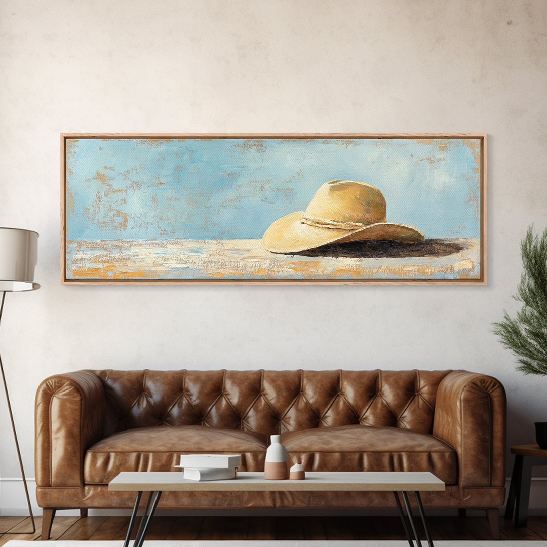 Wide Brim Straw Hat Wall Art, Neutral Coastal Decor, Beach House Print, Summer Bedroom Decor, Minimalist Canvas Gift For Her