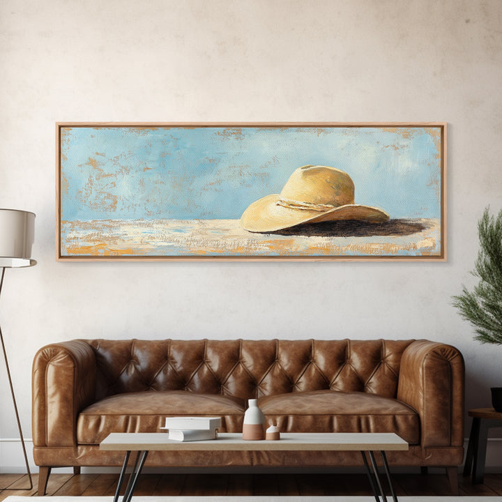Wide Brim Straw Hat Wall Art, Neutral Coastal Decor, Beach House Print, Summer Bedroom Decor, Minimalist Canvas Gift For Her