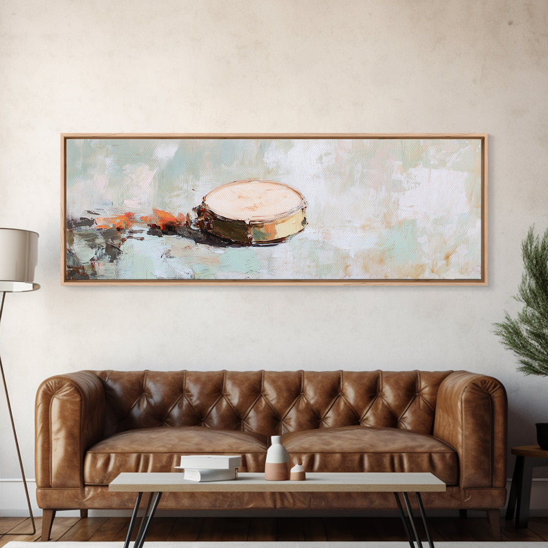 Rustic Hand Drum Framed Canvas Print, Boho Music Wall Art, Earth Tone Instrument Decor, Textured Contemporary Painting Print