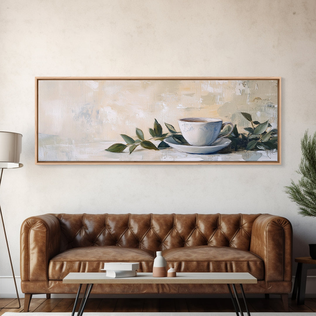 White Teacup With Green Leaves Canvas Print, Neutral Kitchen Wall Art, Rustic Home Decor, Cozy Cafe Art, Housewarming Gift