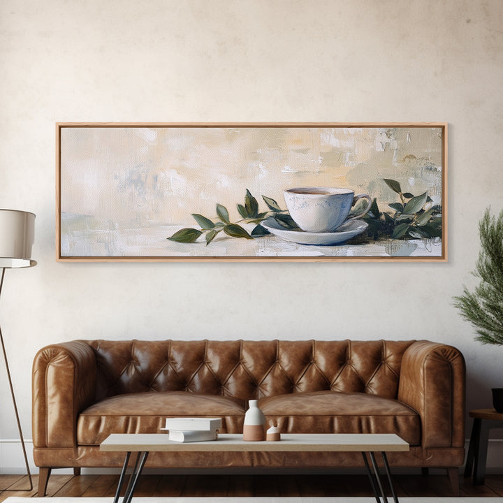 White Teacup With Green Leaves Canvas Print, Neutral Kitchen Wall Art, Rustic Home Decor, Cozy Cafe Art, Housewarming Gift