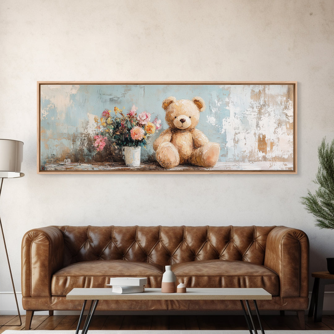 Teddy Bear With Flower Vase Canvas Print, Nursery Wall Art, Whimsical Kids Room Decor, Baby Shower Gift, Cute Animal Art