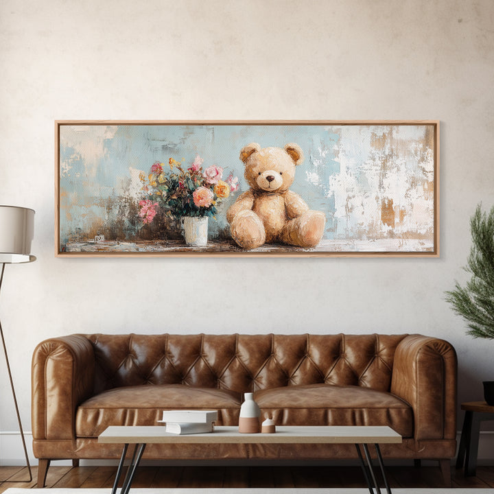 Teddy Bear With Flower Vase Canvas Print, Nursery Wall Art, Whimsical Kids Room Decor, Baby Shower Gift, Cute Animal Art