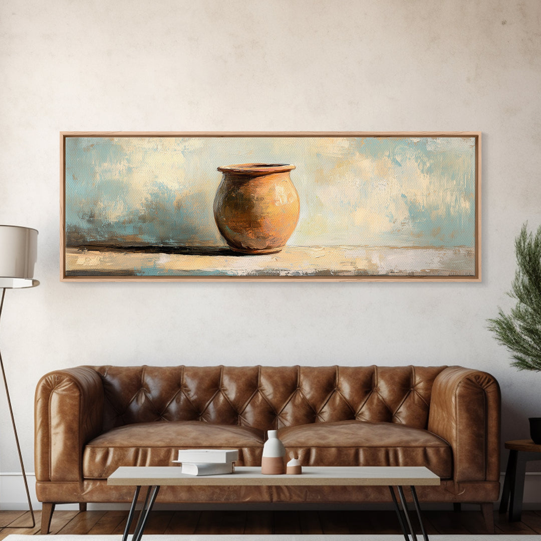 Terracotta Clay Pot Still Life Canvas Print, Wabi Sabi Wall Art, Rustic Home Decor, Neutral Kitchen Art, Earth Tone Decor