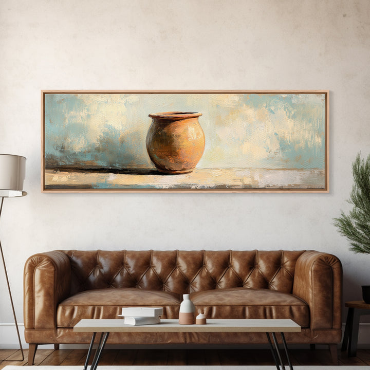 Terracotta Clay Pot Still Life Canvas Print, Wabi Sabi Wall Art, Rustic Home Decor, Neutral Kitchen Art, Earth Tone Decor
