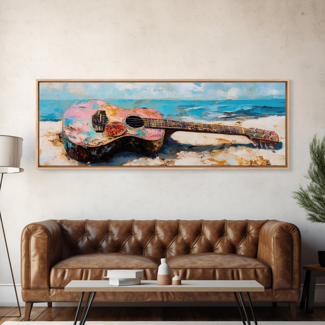Weathered Acoustic Guitar On Beach Canvas Print, Coastal Wall Art, Music Room Decor, Ocean Art Print, Gift For Guitar Lover