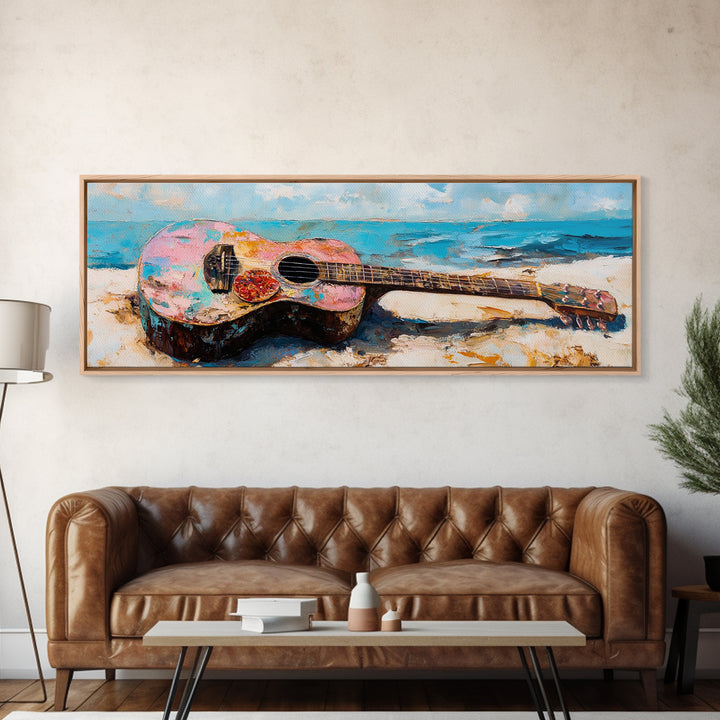 Weathered Acoustic Guitar On Beach Canvas Print, Coastal Wall Art, Music Room Decor, Ocean Art Print, Gift For Guitar Lover