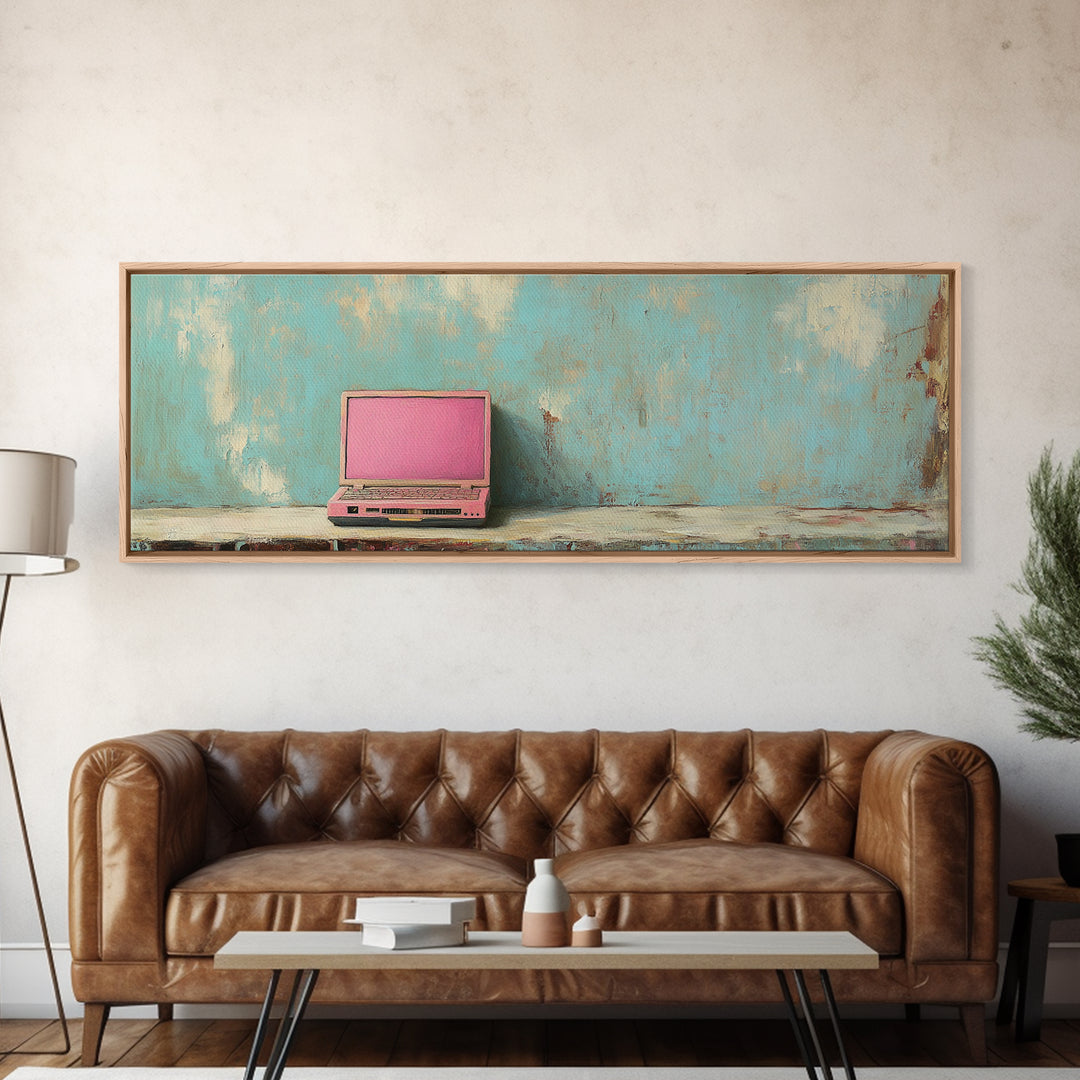 Pink Retro Laptop On Teal Shelf Wall Art, Minimalist Office Decor, Tech Art Print, Dorm Room Decor, Modern Wall Decor Gift