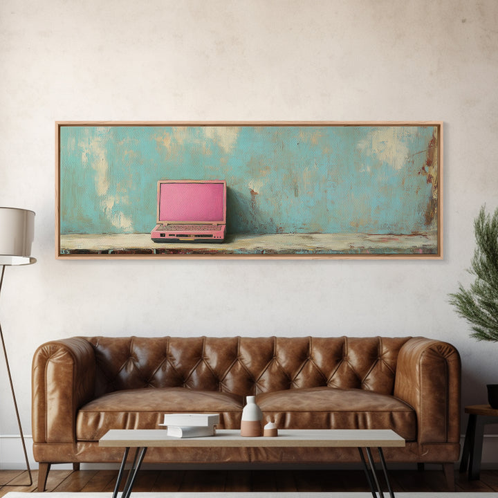 Pink Retro Laptop On Teal Shelf Wall Art, Minimalist Office Decor, Tech Art Print, Dorm Room Decor, Modern Wall Decor Gift