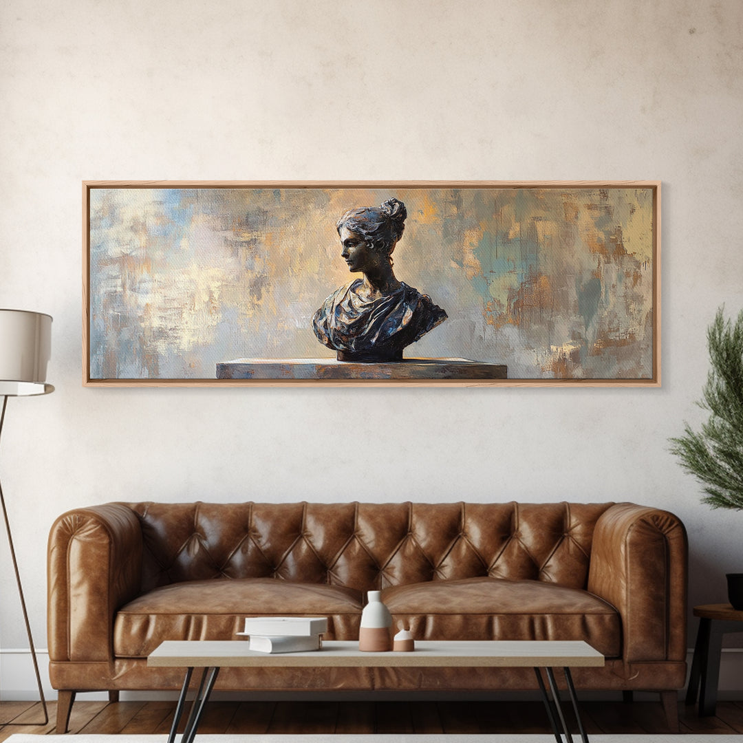 Classical Woman Bust Sculpture Framed Canvas Print, Dark Academia Wall Art, Museum Style Decor, Office Art, Timeless Gift