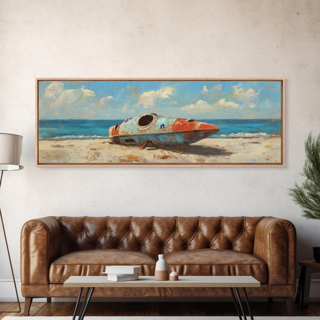 Retro Space Capsule On Beach Canvas Print, Coastal Sci Fi Wall Decor, Space Wall Art, Ocean Decor, Gift For Him, Beach House Decor