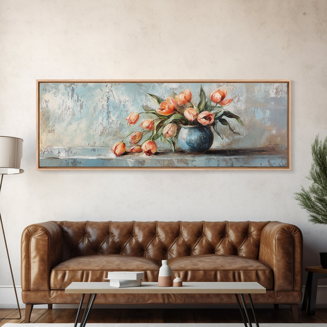 Orange Tulips In Blue Vase Framed Canvas Print, Rustic Floral Wall Art, Farmhouse Decor, Still Life Painting Gift For Her