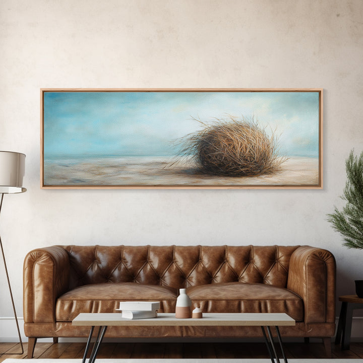 Coastal Tumbleweed On Sandy Shore Canvas Print, Neutral Beach Wall Art, Seascape Decor, Calm Ocean Landscape Painting Gift