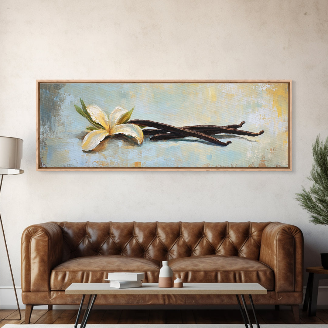 Vanilla Blossom And Bean Pods Framed Canvas Print, Kitchen Wall Art, Botanical Decor, Minimalist Food Art Print Gift For Her
