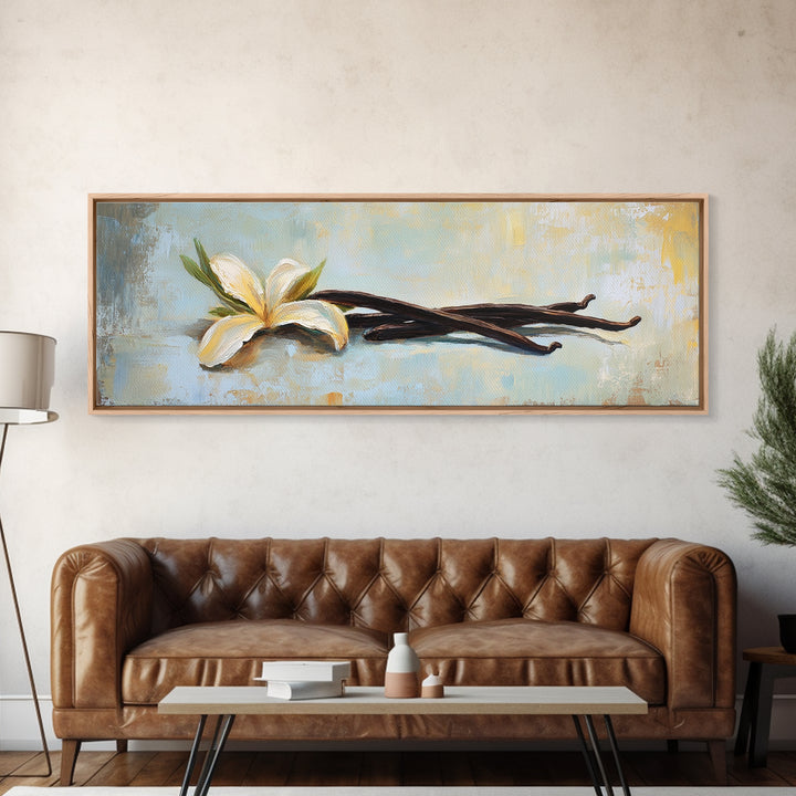 Vanilla Blossom And Bean Pods Framed Canvas Print, Kitchen Wall Art, Botanical Decor, Minimalist Food Art Print Gift For Her