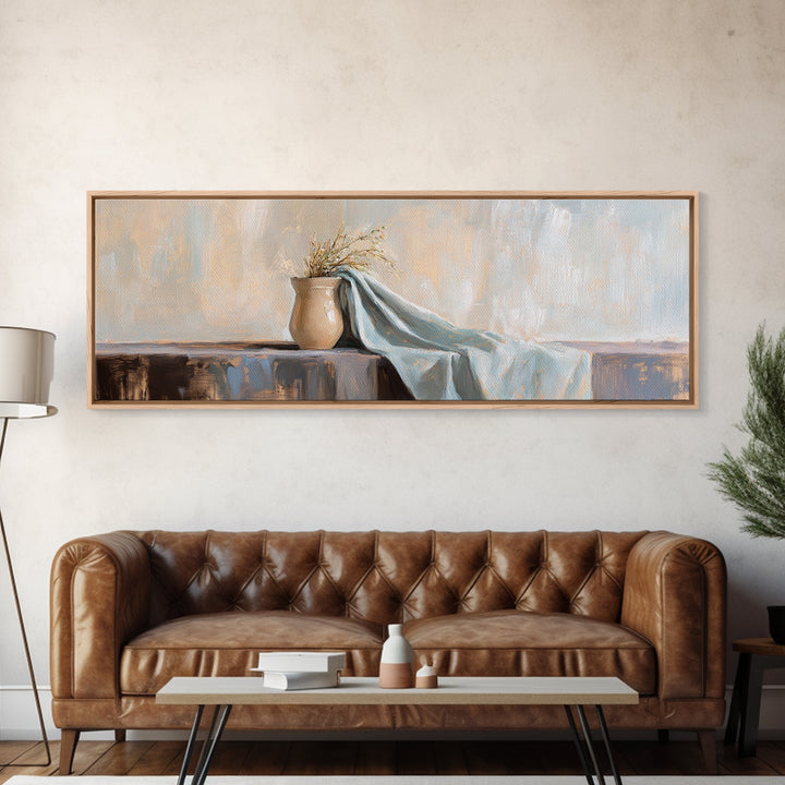 Beige Vase With Dried Grass And Blue Draped Cloth Wall Art, Wabi Sabi Canvas Print, Neutral Home Decor For Living Room Gift