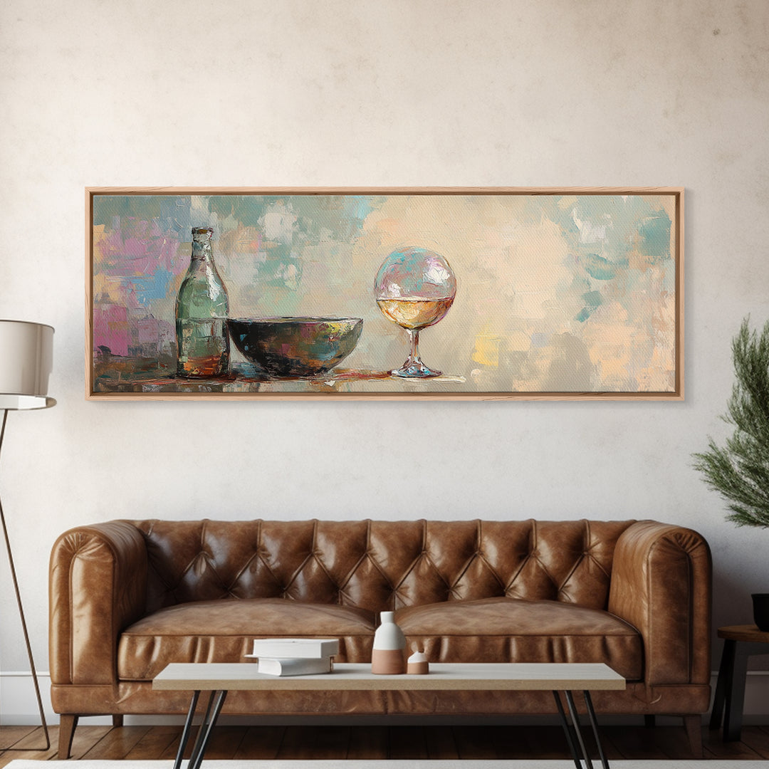 Bottle Bowl And Wine Glass Still Life Canvas Print, Modern Kitchen Wall Art, Dining Room Decor, Neutral Home Decor Gift For Her