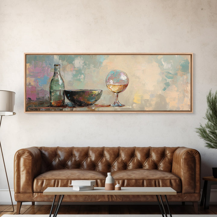 Bottle Bowl And Wine Glass Still Life Canvas Print, Modern Kitchen Wall Art, Dining Room Decor, Neutral Home Decor Gift For Her