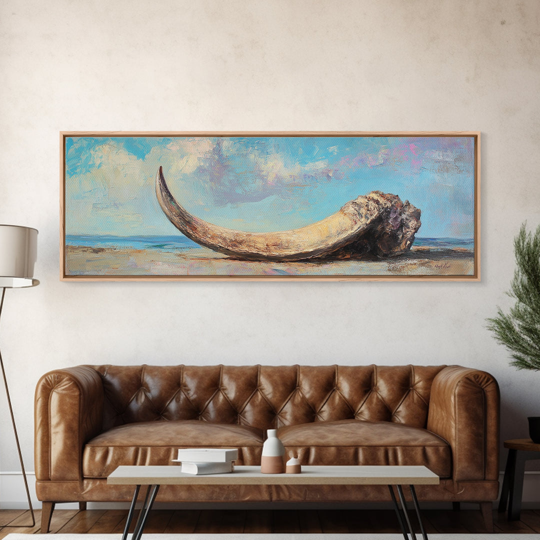 Weathered Ivory Tusk On Shore Canvas Print, Coastal Wall Art, Rustic Beach House Decor, Nautical Long Horizontal Living Room Art