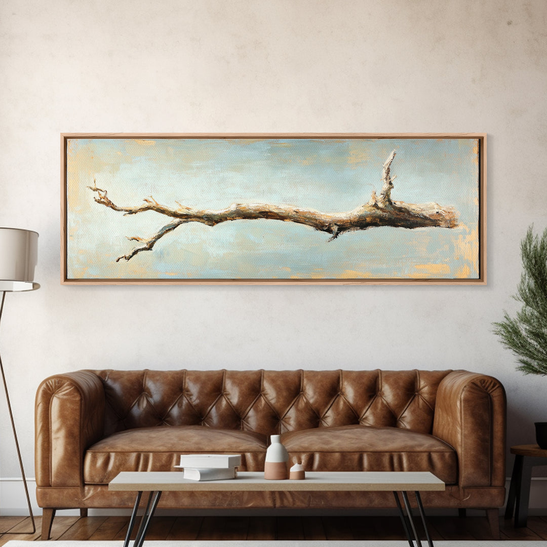 Bleached Driftwood Branch Framed Canvas Print, Rustic Coastal Wall Art, Minimalist Beach House Decor, Long Horizontal Art