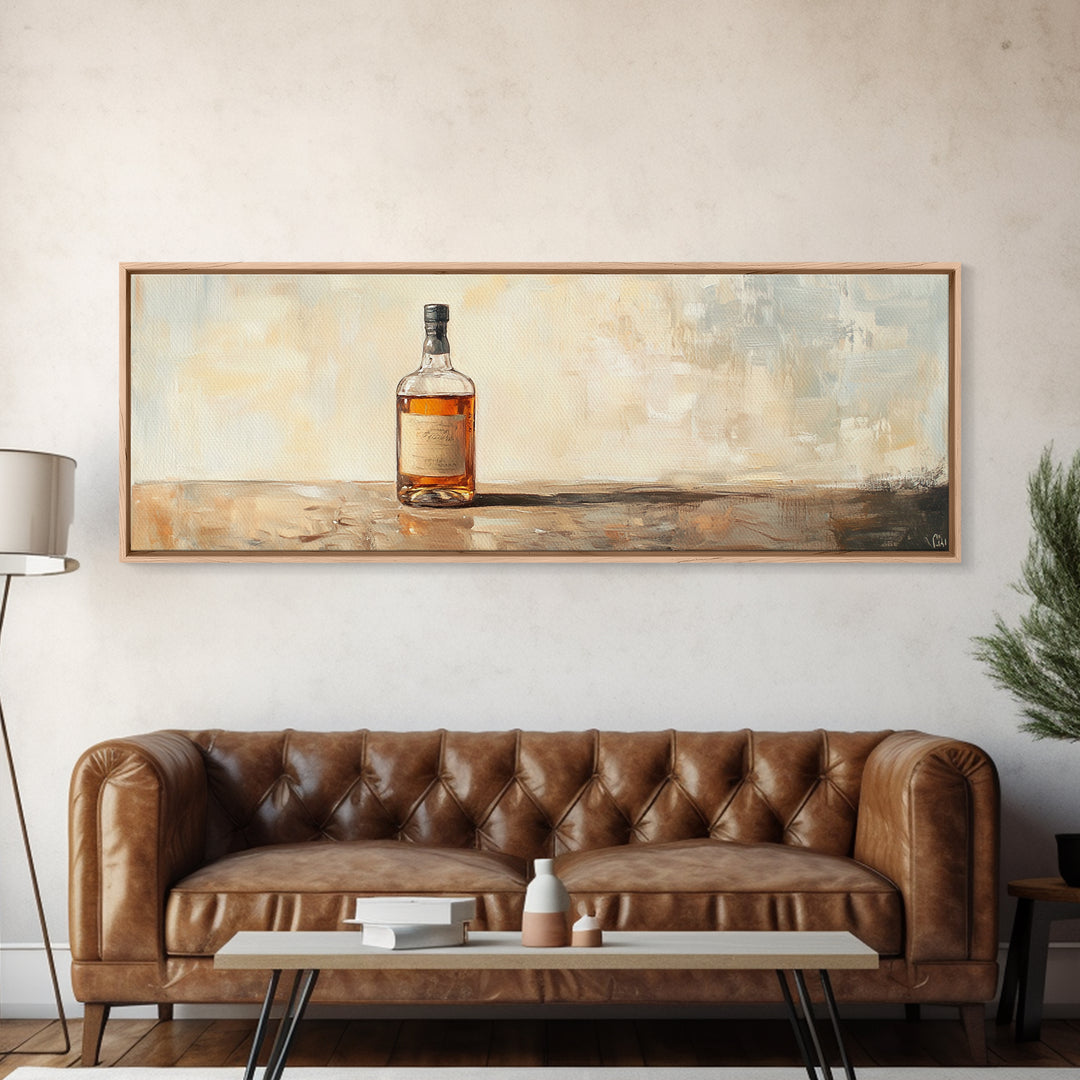 Amber Whiskey Bottle Still Life Framed Canvas Print, Bar Wall Art, Rustic Home Bar Decor, Masculine Man Cave Whiskey Lover Gift