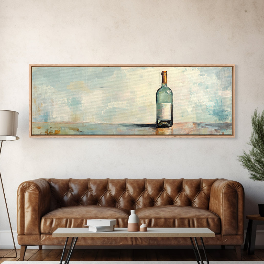 Solitary Blue Glass Bottle Still Life Canvas Print, Minimalist Wall Art, Calming Coastal Neutral Decor, Modern Living Room Art