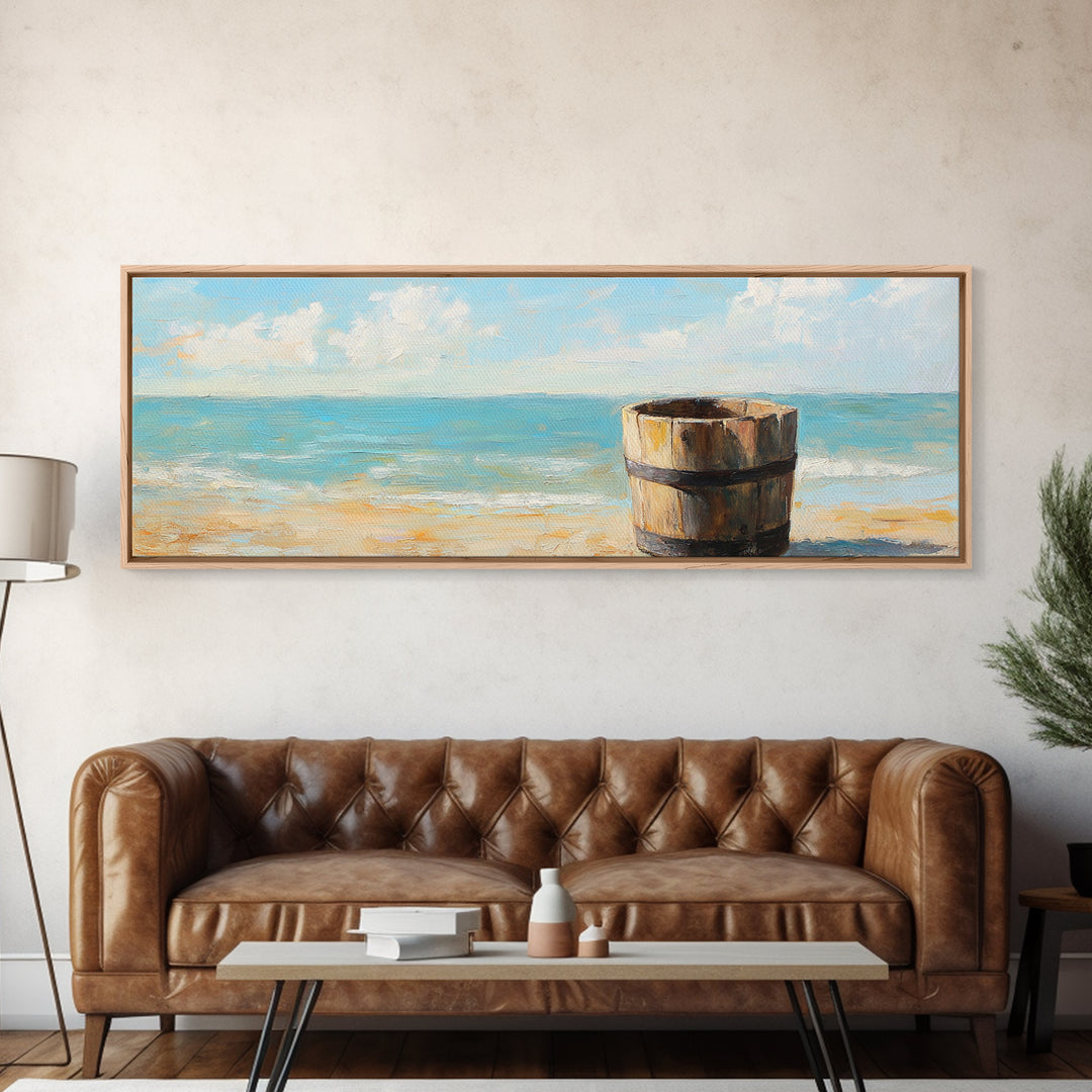 Weathered Barrel On Sunny Beach Wall Art, Coastal Home Decor, Ocean Painting, Nautical Print, Beach House Gift, Seascape Art