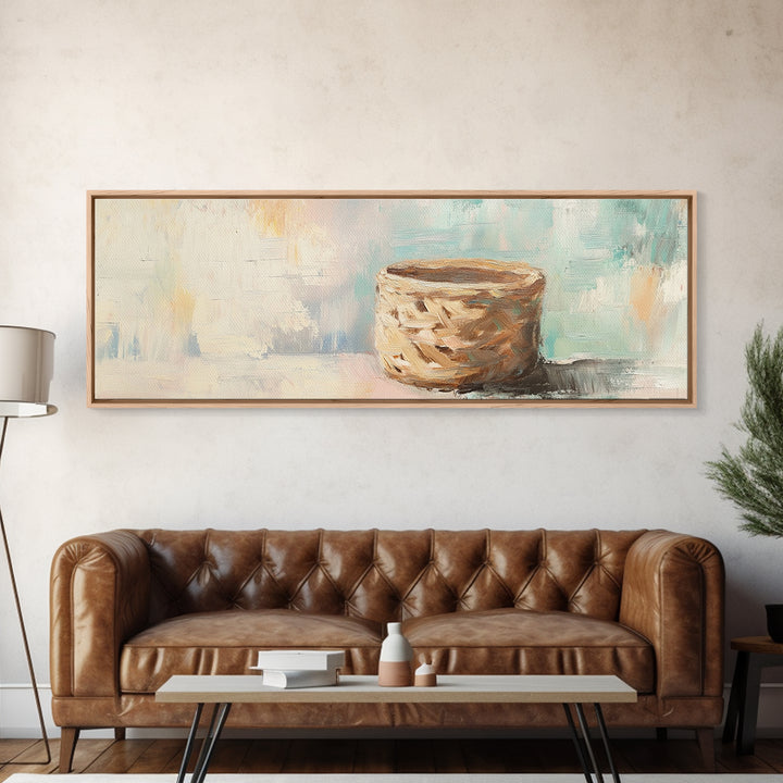 Woven Basket Still Life Canvas Print, Neutral Wall Art, Wabi Sabi Decor, Organic Modern Art For Living Room Home Decor Gift