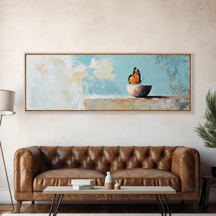 Orange Butterfly In Small Bowl Canvas Print, Blue Abstract Wall Art, Whimsical Animal Art, Modern Kitchen Decor Gift For Her