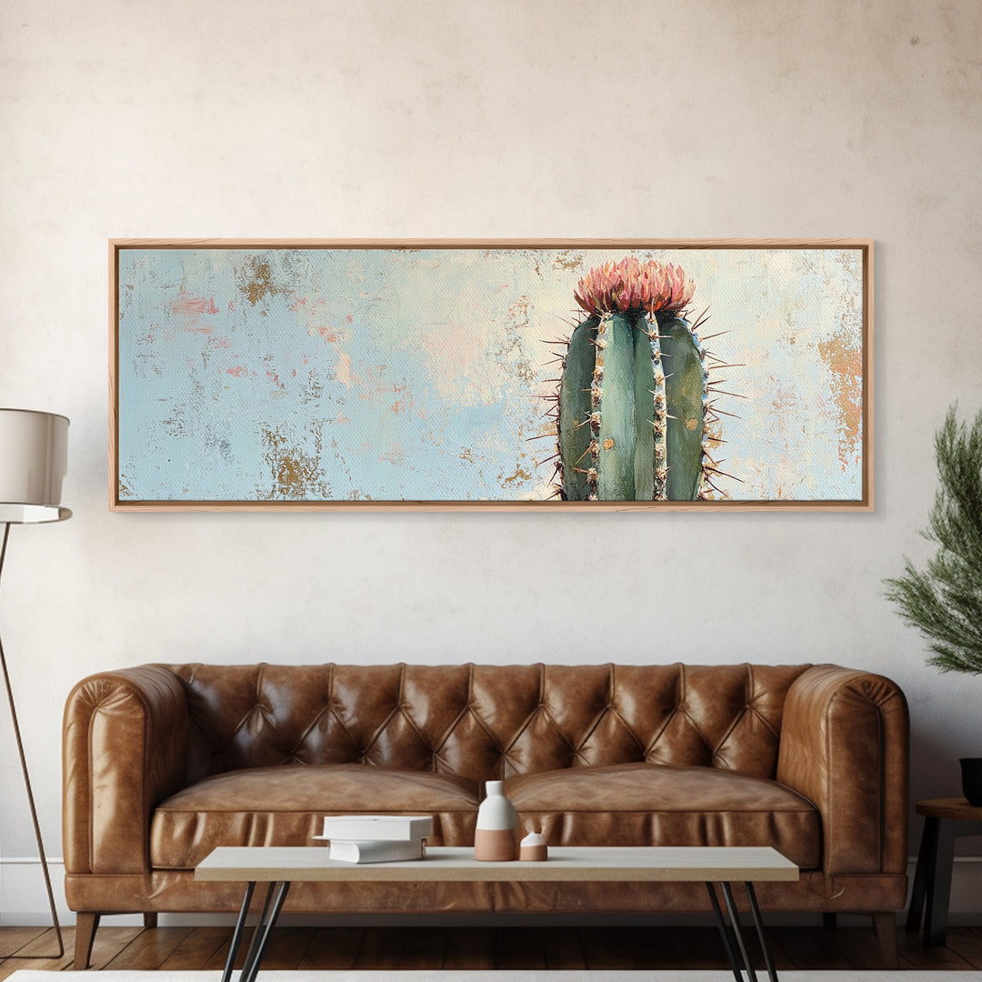 Tall Flowering Cactus Canvas Print, Minimalist Desert Wall Art, Southwestern Botanical Home Decor, Pink Cactus Gift For Her