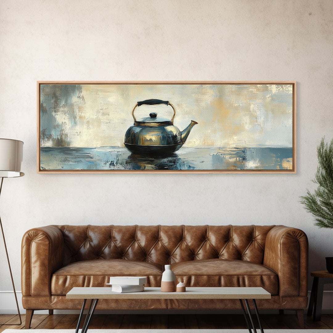 Black Tea Kettle Still Life Canvas Print, Rustic Kitchen Wall Art, Farmhouse Home Decor, Cozy Coffee Bar Gift For Tea Lovers