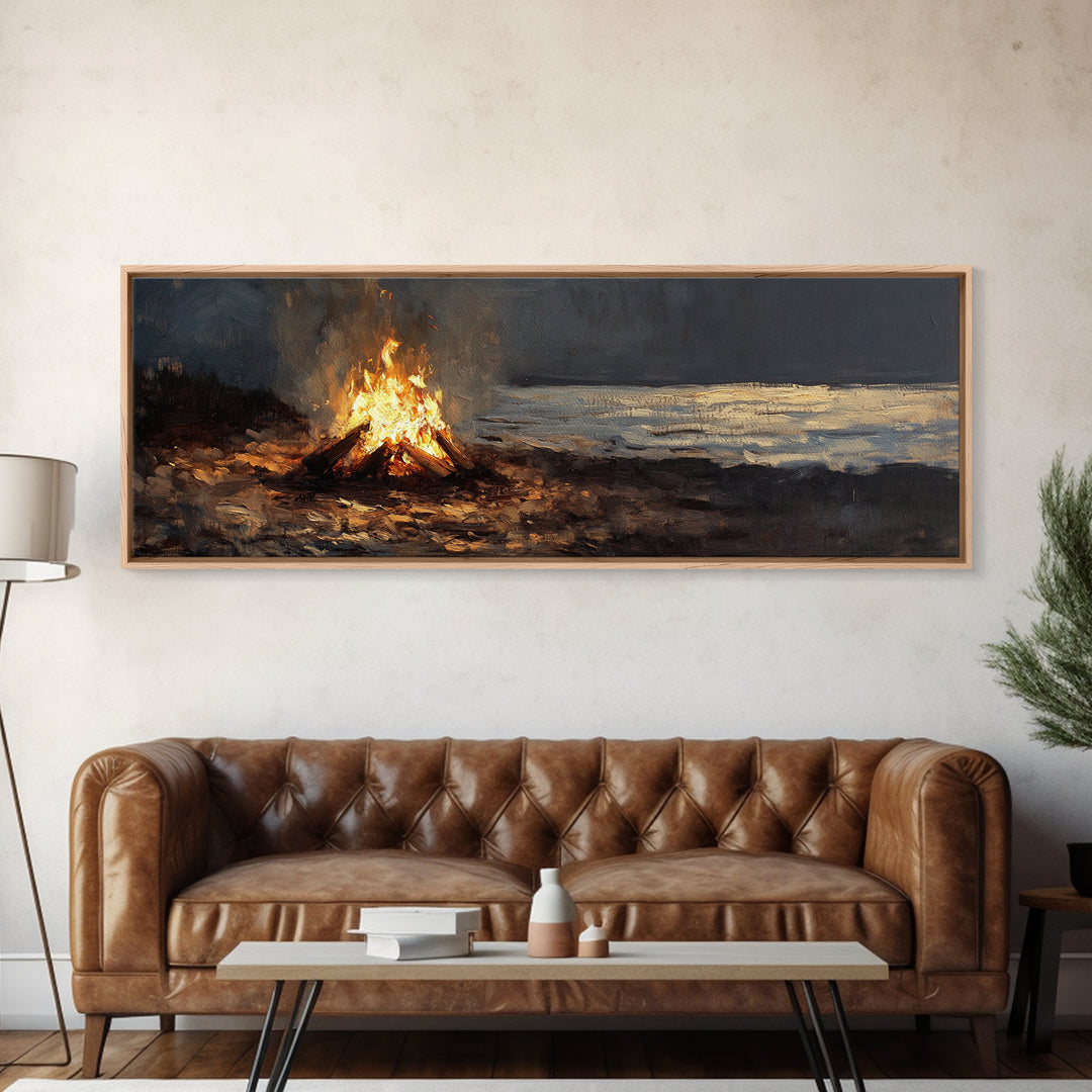 Moody Campfire By Dark Shore Wall Art, Rustic Cabin Canvas Print, Night Landscape Living Room Decor, Cozy Masculine Gift For Him