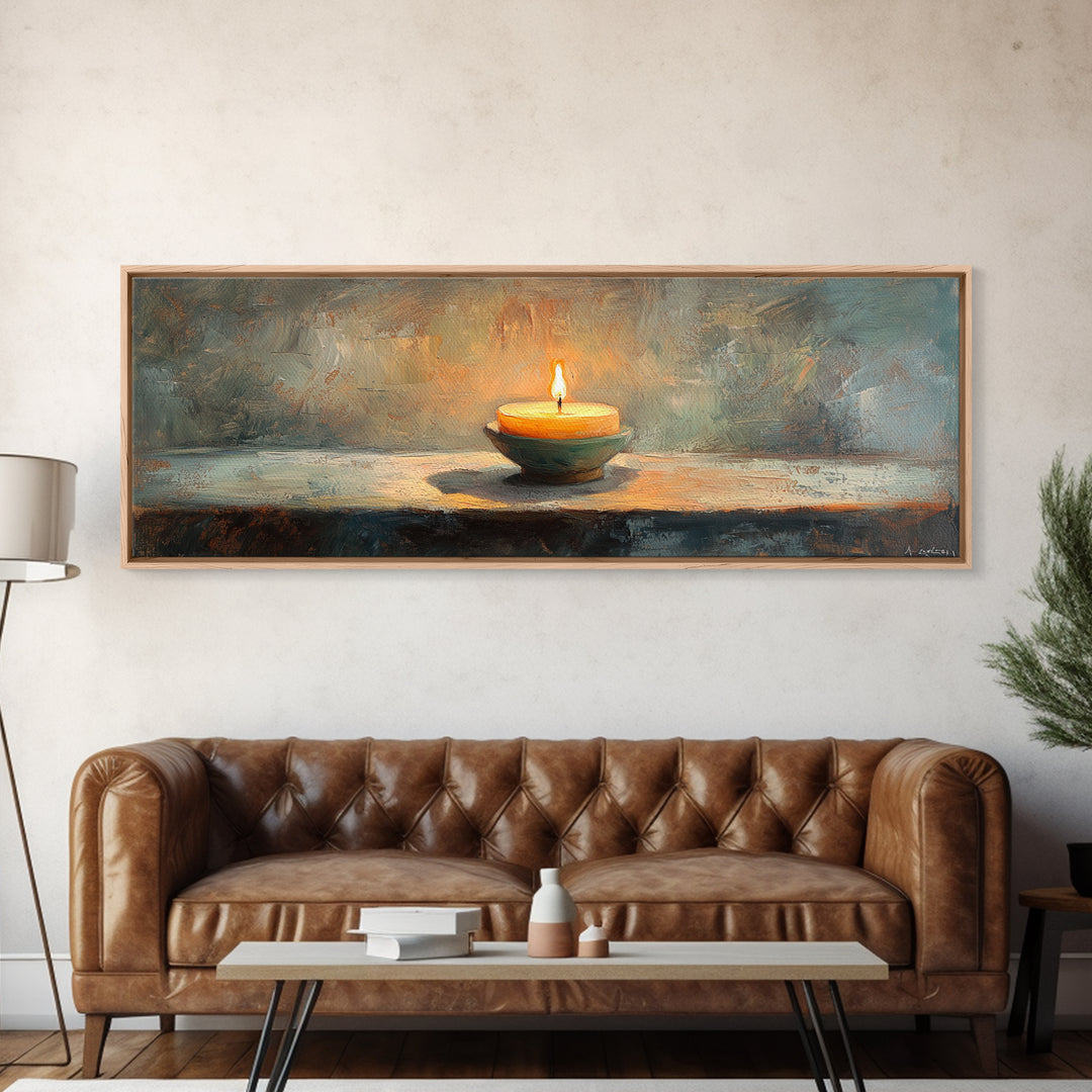 Glowing Candle Still Life Framed Canvas Print, Moody Wall Decor, Meditation Room Art, Rustic Home Decor, Calming Housewarming Gift