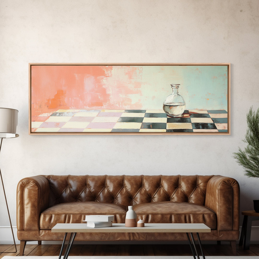Minimal Glass Bottle On Checkered Table Canvas Print, Pastel Kitchen Wall Art, Modern Minimalist Dining Room Home Decor Print