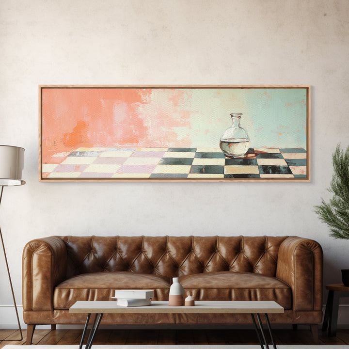Minimal Glass Bottle On Checkered Table Canvas Print, Pastel Kitchen Wall Art, Modern Minimalist Dining Room Home Decor Print