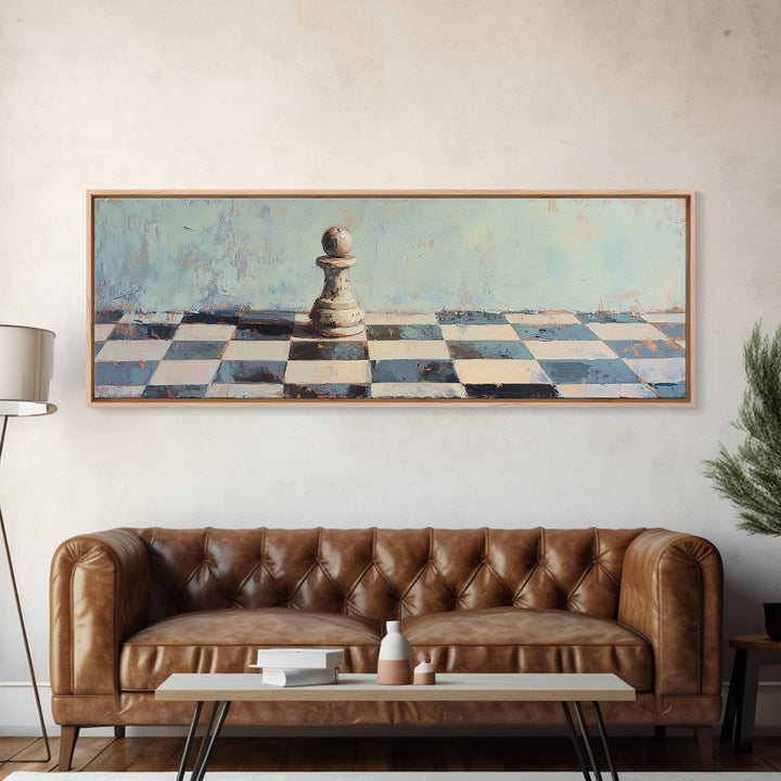 Lone Chess Pawn On Checkered Board Wall Art, Game Room Decor, Modern Office Canvas Print, Abstract Strategy Art Gift For Him