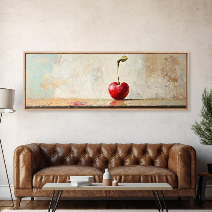 Single Red Cherry Minimal Still Life Canvas Print, Kitchen Wall Art, Modern Farmhouse Dining Room Decor, Fruit Art Gift For Her