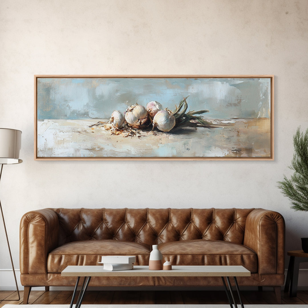 Rustic Garlic Bulbs Still Life Canvas Print, Kitchen Wall Art, Farmhouse Decor, Food Illustration, Culinary Home Decor Gift