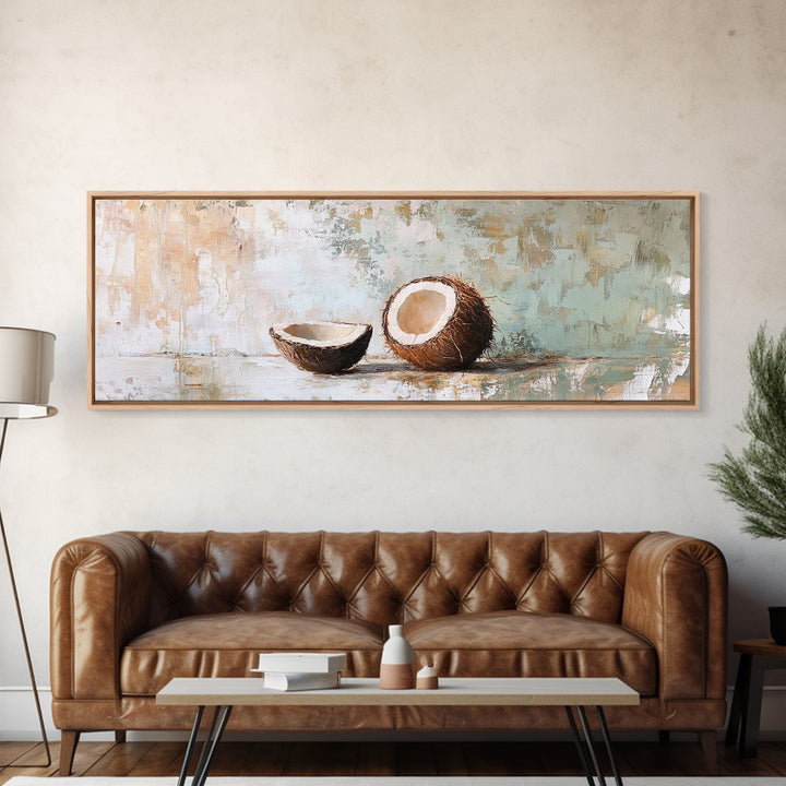 Cracked Coconut Still Life Canvas Print, Tropical Kitchen Wall Art, Coastal Decor, Beach House Decor, Food Illustration Print