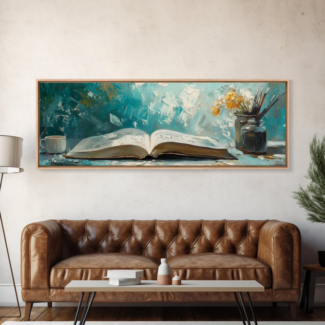 Open Book Still Life Wall Art, Cozy Reading Nook Decor, Library Art Print, Book Lover Gift, Teal Impasto Canvas For Living Room Home Decor