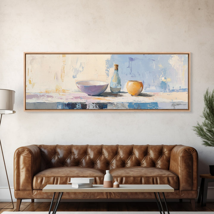 Pastel Bowl Bottle And Orange Canvas Print, Minimalist Kitchen Wall Art, Still Life Painting, Dining Room Decor Gift For Her