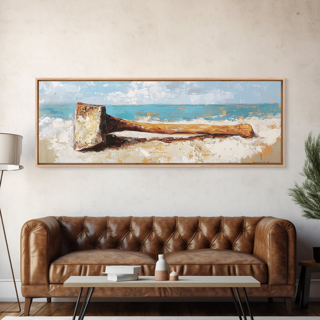 Weathered Axe On Sand Wall Art, Rustic Coastal Decor, Nautical Canvas Print, Beach House Artwork For Cabin Decor Gift For Him