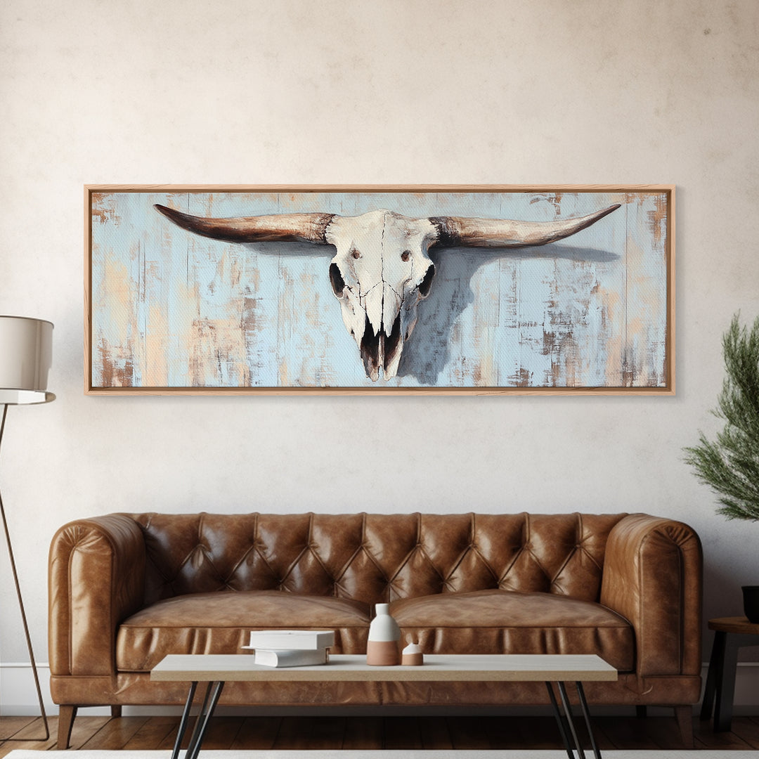 Longhorn Skull On Rustic Blue Wall Art, Western Cowboy Decor, Southwestern Farmhouse, Large Horizontal Ranch Housewarming Gift