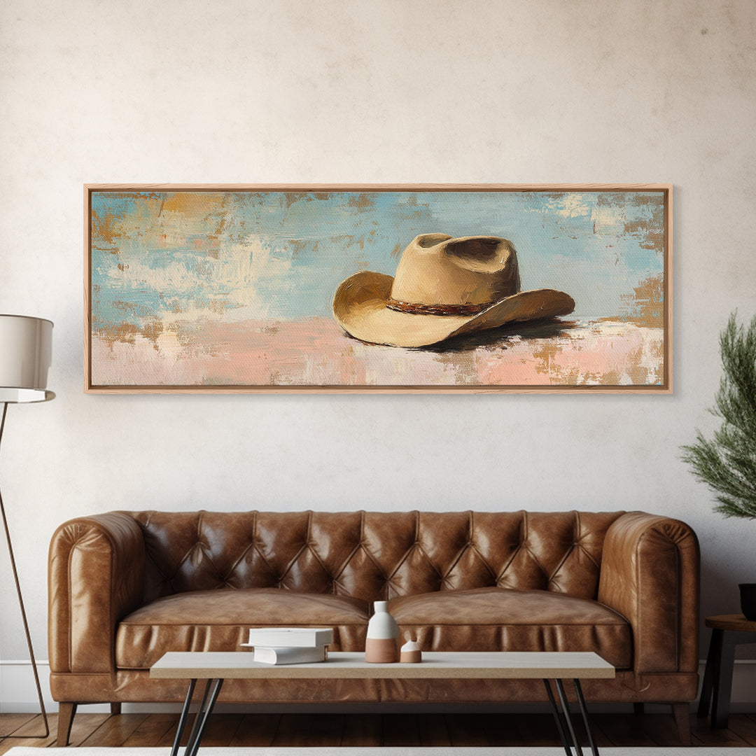 Tan Cowboy Hat On Pastel Blue Canvas Print, Western Wall Art, Rustic Ranch Decor, Southwestern Farmhouse, Neutral Bedroom Decor