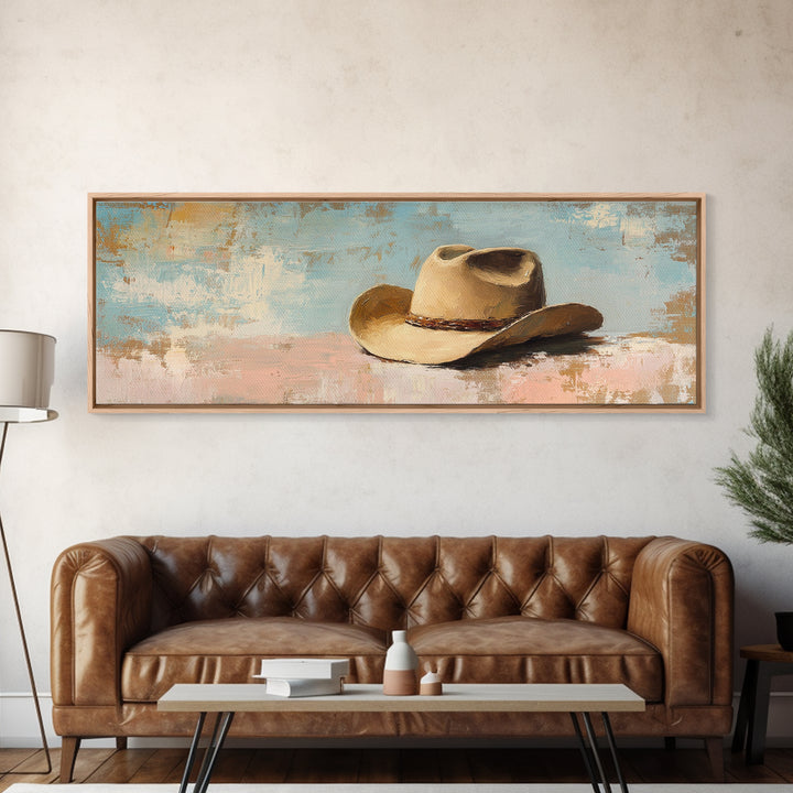 Tan Cowboy Hat On Pastel Blue Canvas Print, Western Wall Art, Rustic Ranch Decor, Southwestern Farmhouse, Neutral Bedroom Decor