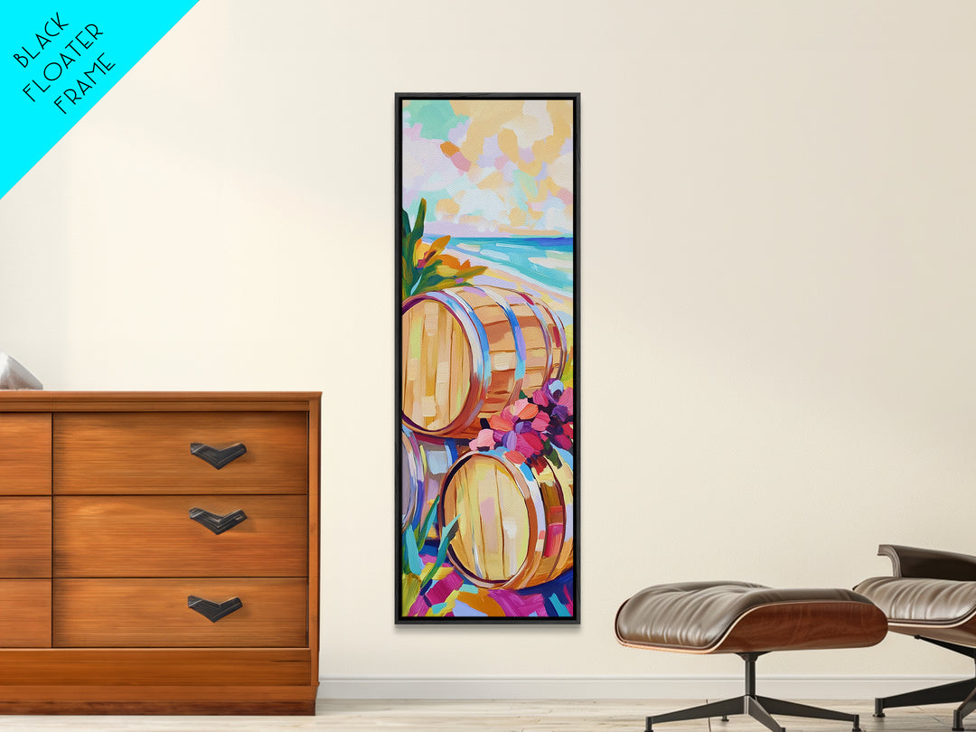 Sunlit Wine Barrels By Turquoise Beach Canvas Print, Coastal Wall Art, Winery Decor, Beach House Decor, Kitchen Art, Dining Room Print