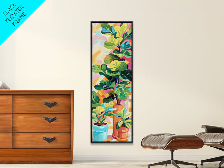 Potted Fiddle Leaf Plants Framed Canvas Print, Botanical Wall Art, Colorful Boho Home Decor, Plant Lover Housewarming Gift
